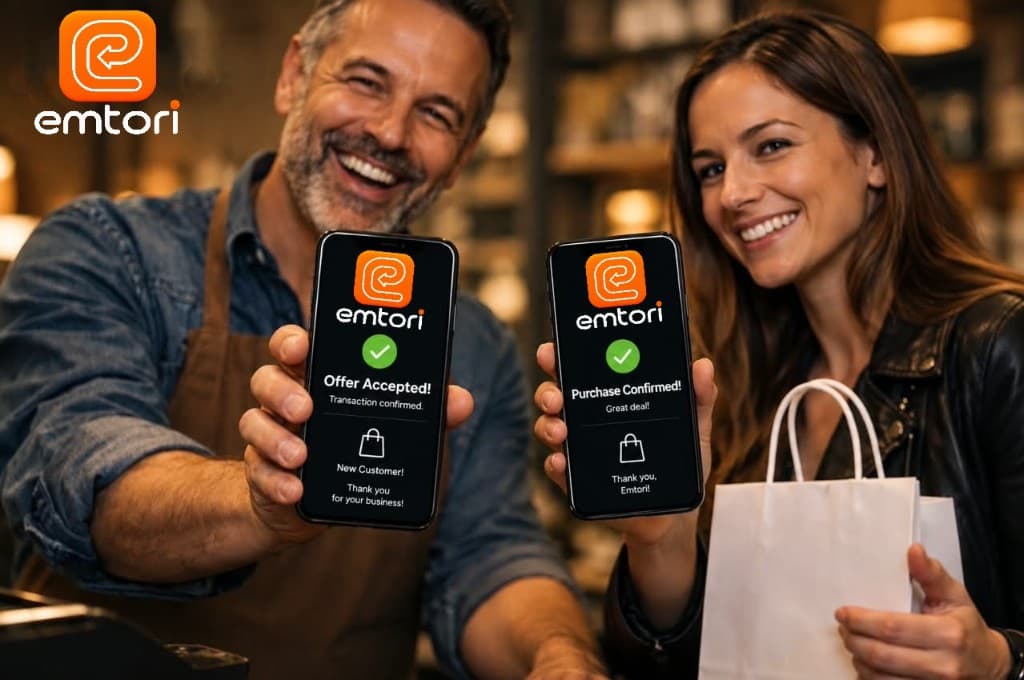 Happy buyer and merchant completing a local sale with Emtori